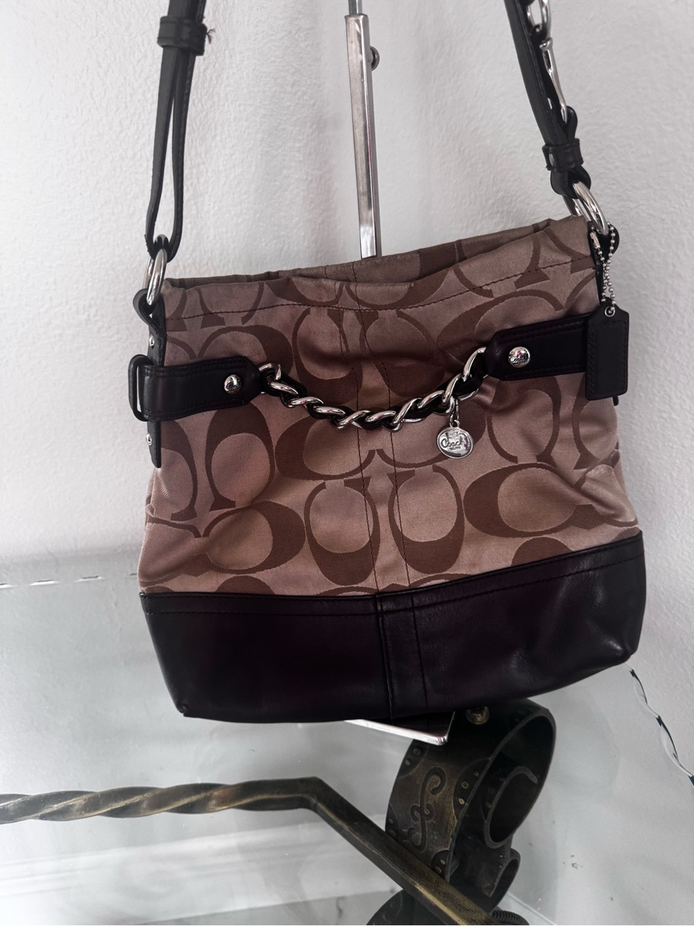 COACH VINTAGE Carly Medium Tan Shoulder Bag with Brown Leather Trim and Chain.